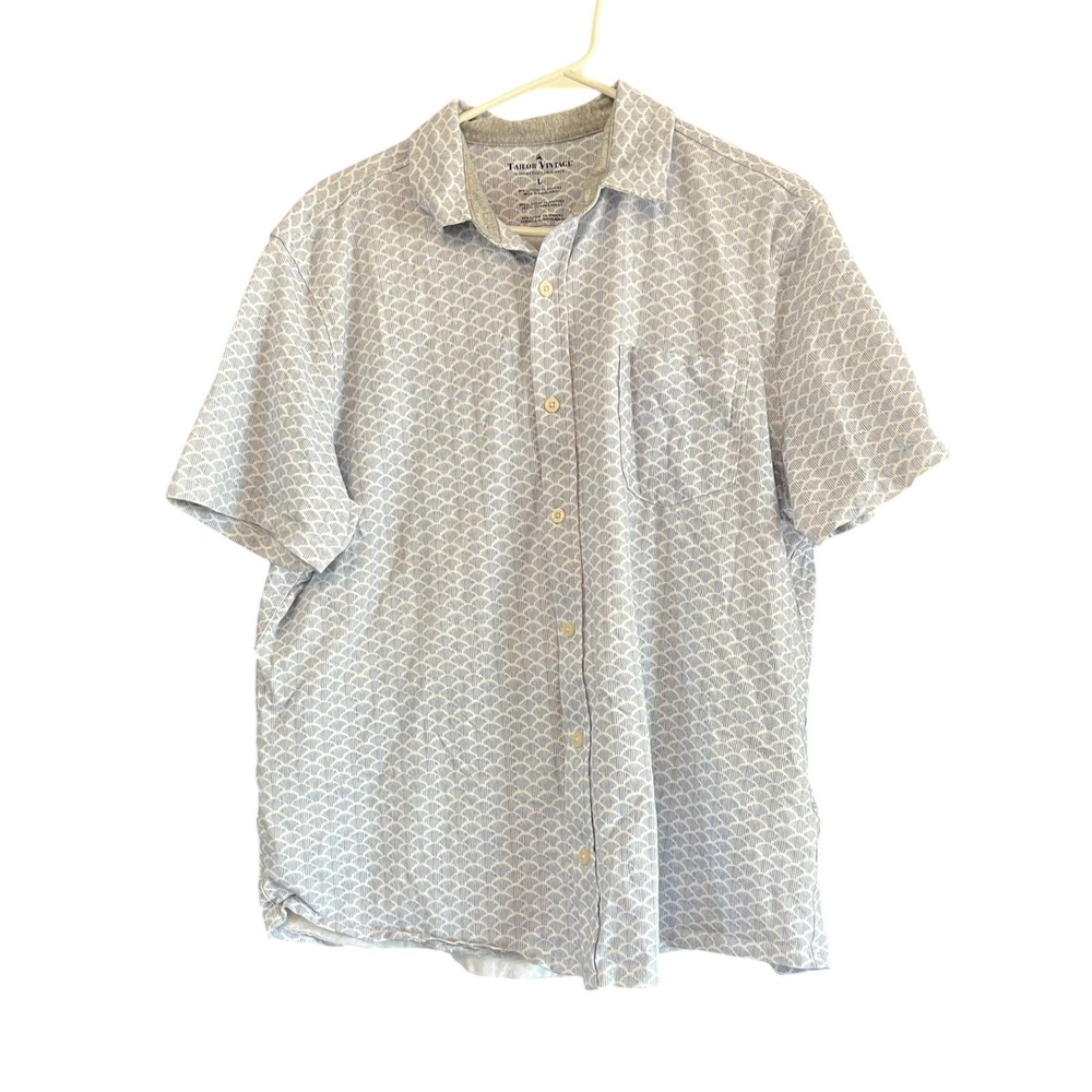 Tailor Vintage Mens Large Short Sleeve Button Down Shirt Blue Scallop Print